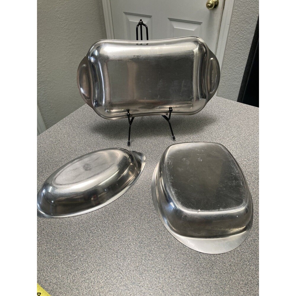 Lot of 3 Vtg  Oval Rectangular  Serving Tray Stainless Steel Mid Century Modern